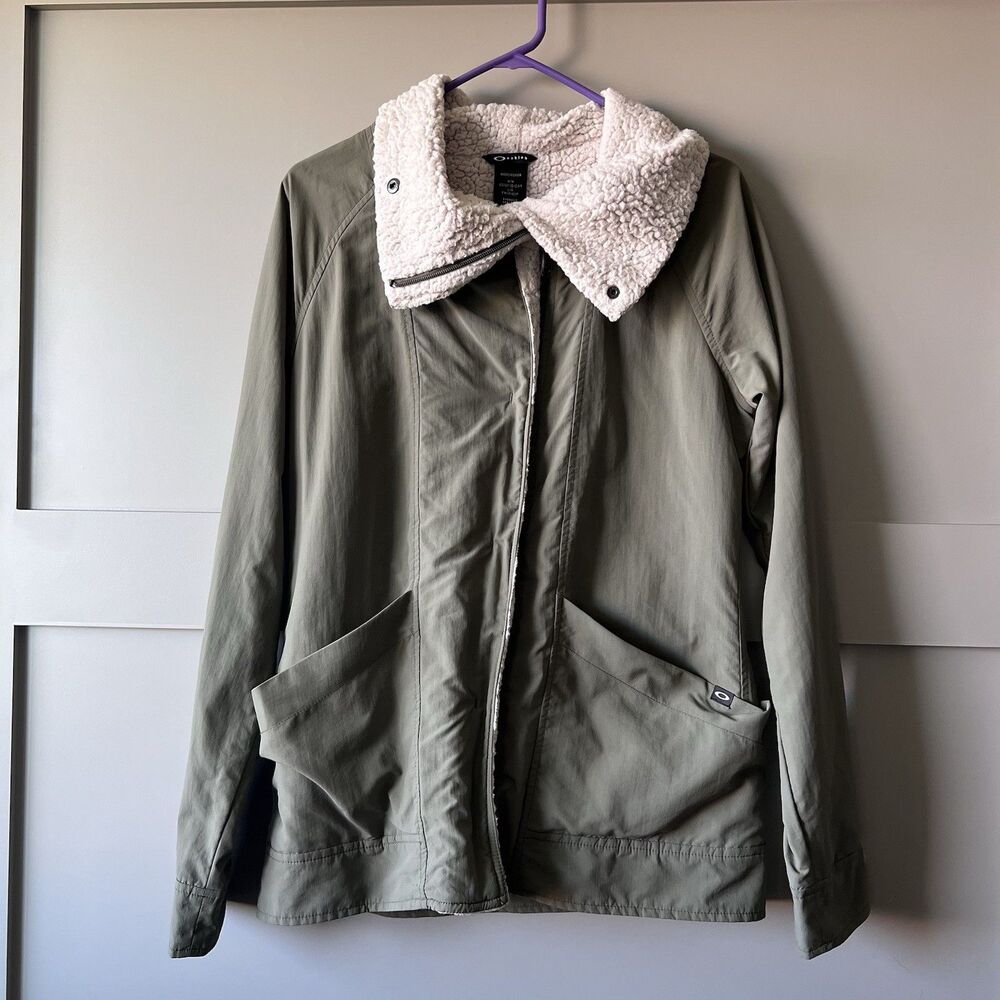 Oakley Sherpa Lined‎ Parka Jacket Women Medium Zip Olive Green Outdoor Gorpcore